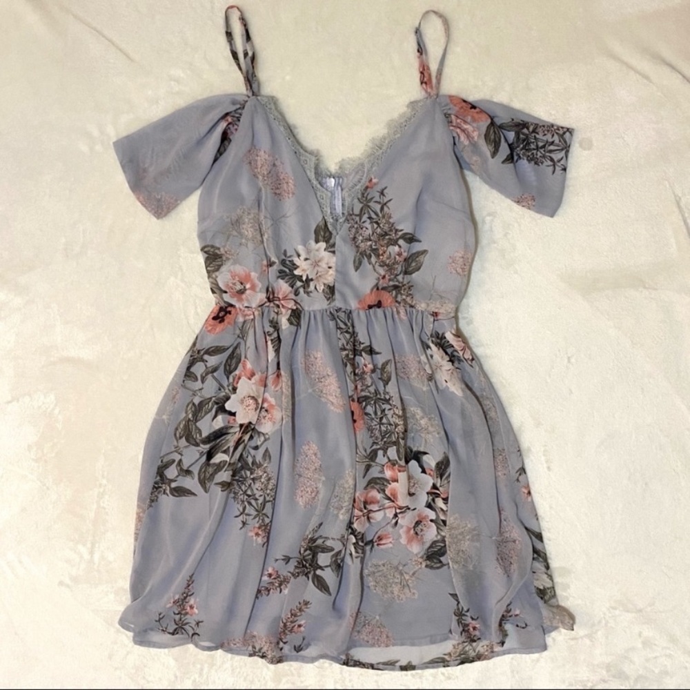 Gray/Blue Floral Print Off Shoulder Dress; Lulus S